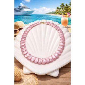 Pink Faux Mother Of Pearl Lucite Disc Necklace, Statement Collar 24 Inch